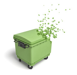 3d rendering of closed green dumpster which is starting to dissolve into pieces from one side on white background.
