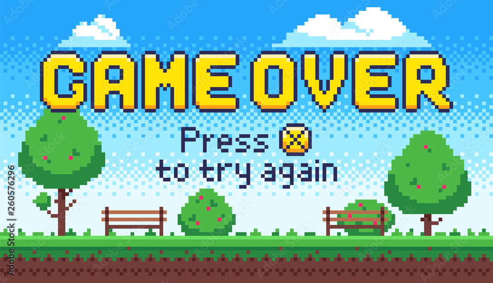 Poster game over screen. retro 8 bit arcade games, old pixel video game end and pixels press x to try again