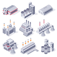 Obraz premium Isometric factory buildings. Industrial power plant building, factories warehouse storage and industry estate 3D vector set