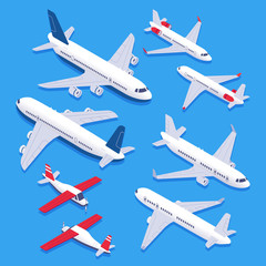 Isometric airplanes. Passenger jet airplane, private aircraft and airline plane. Aviation planes 3d isolated vector set