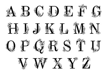 Floral ornate letters. Ornamental flowers monogram, vintage font and flower sprigs ornaments alphabet vector illustration set © Tartila