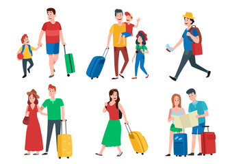 Family vacation. Happy tourist holiday vacations, travel couple and tourists group cartoon vector set