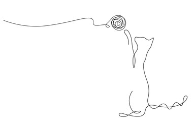 Cat playing toy ball one line drawing vector illustration
