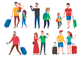 Fototapeta na wymiar Travel characters. Travelling group, family couple holiday vacation and sightseeing travels tourists cartoon vector set