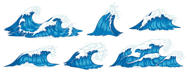 Ocean waves. Raging sea water wave, vintage storm waves and ripples tides hand drawn vector illustration - obrazy, fototapety, plakaty