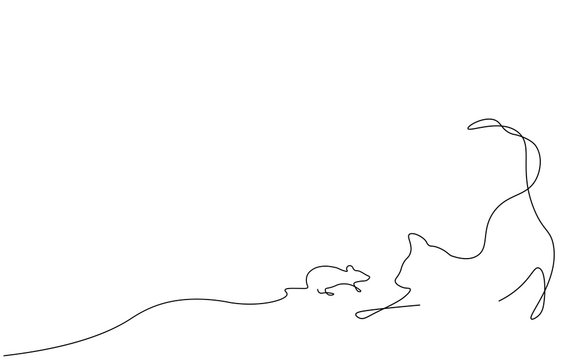 Cat and mouse one line drawing vector illustration