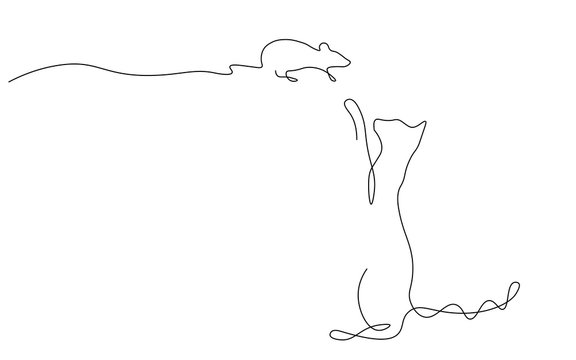 Cat and mouse one line drawing vector illustration