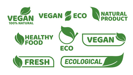 Vegan tag label. Veganism badge logo, vegetarian organic products and organic food badges vector set