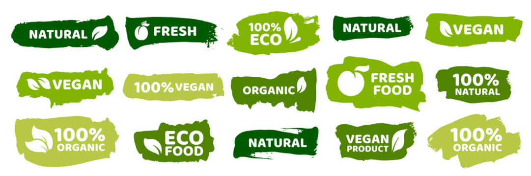 Organic food labels. Fresh eco vegetarian products, vegan label and healthy foods badges vector set