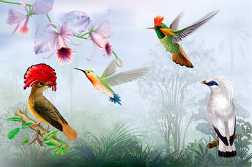 Tropical bright birds and hummingbird on a rainforest background © dracozlat