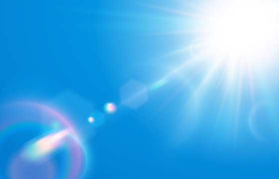 Sun in blue sky. Warm solar lens flare in clear skies, sunny day and sun light rays vector illustration