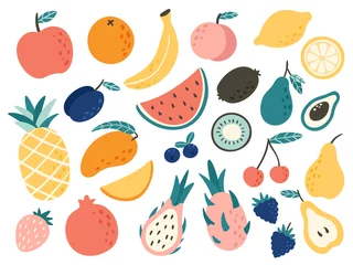 Fotobehang Doodle fruits. Natural tropical fruit, doodles citrus orange and vitamin lemon. Vegan kitchen apple hand drawn vector illustration © Tartila