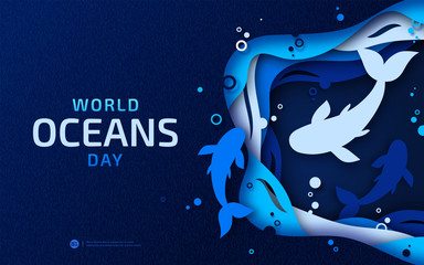 World Oceans Day, paper art. Global celebrate dedicated to help protect and conserve world oceans, problem of water plastic pollution, ecosystem, ecology. Poster with blue origami of sea waves, fishes