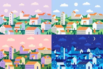 Poster Minimal style town. Geometric minimalist city, daytime cityscape and night townscape flat vector illustration © Tartila