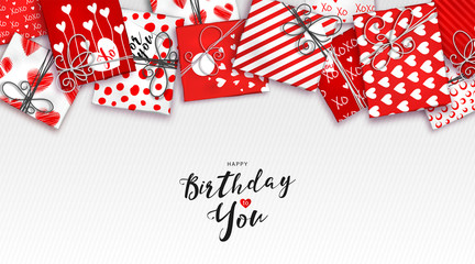 Happy Birthday greeting card with red and white gift boxes. Pile of presents in colorful wrapped with different patterns. Vector illustration with view top.