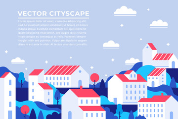 City buildings landing page. Town apartment banner, building apartments cityscape and modern townscape panorama vector illustration