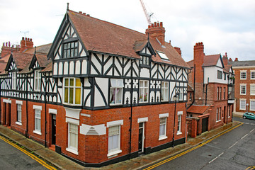 Black and White Buildings on a street in Chester