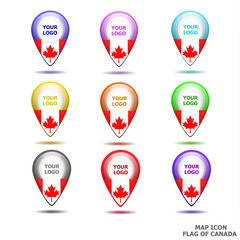 Bright map icon with flag of Canada. Location Icon illustration.