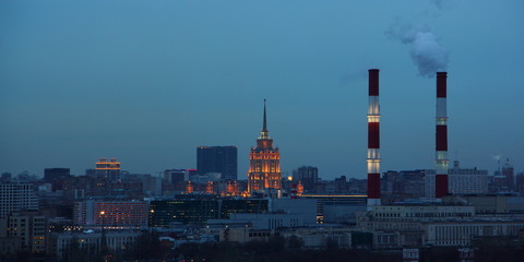 Evening Moscow at dusk, panoramic view from the observation deck