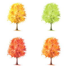 Set of yellow, green, red watercolor trees. Outdoor colorful plants collection.