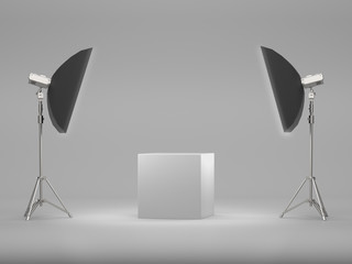 White pedestal for display,Platform for design,Blank product stand with Soft Box Light. 3D rendering