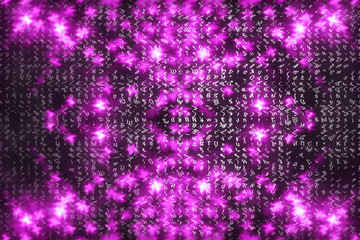 Pink matrix digital background. Abstract cyberspace concept. Characters fall down. Matrix from symbols stream. Virtual reality design. Complex algorithm data hacking. Pink digital sparks.