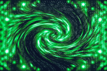 Green blue matrix digital background. Distorted cyberspace concept. Characters fall down in wormhole. Hacked matrix. Virtual reality design. Complex algorithm data hacking. Green digital sparks.