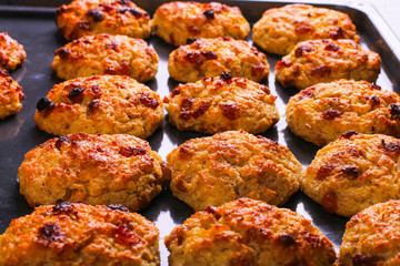 Baked cottage cheese and oatmeal cookies with raisins. Healthy nutrition, diet food.