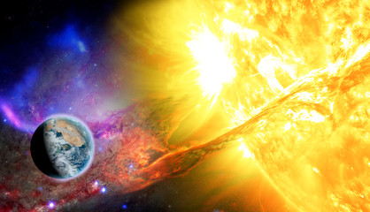 planet earth in front of hot sun, solar system elements of this image furnished by nasa b
