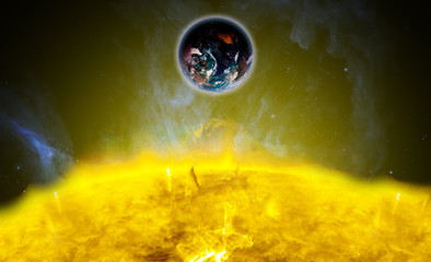 planet earth in front of hot sun, solar system elements of this image furnished by nasa b