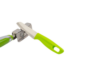 Knife, kitchen tools and knife sharpener isolated on white background. Selective focus and crop fragment