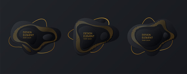 Set of black paper cut layered design elements with pattern of gold stripes. Luxury geometric  symbol for fashion, sale banners, cards. Liquid shapes emboss on dark background.