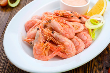 boiled shrimps in a shell on plate