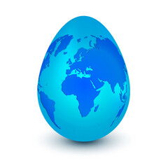 Blue planet Earth in shape of egg isolated on a white background with shadow. Concept of world easter celebration or international egg day