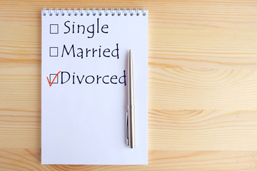 Divorced - checkbox with a red checkmark. Checklist concept.