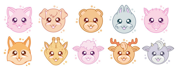 Vector Set Of Cute kawaii animals. Kawaii faces. Cartoon Animals. Kawaii rabbit. Kawaii eyes. Vector graphics to design