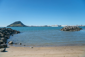 Across Tauranga harbor from Sulphur Point to landmark Mount Maunganui