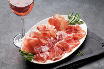 Spanish jamon, prosciutto crudo ham, italian salami