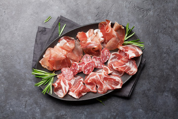 Spanish jamon, prosciutto crudo ham, italian salami