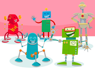 happy robot characters group cartoon illustration