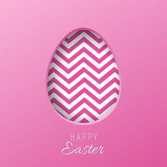 White Easter egg cut out of paper with a pattern of wavy lines. Pink postcard with an Happy Easter lettering. Paper cut design.