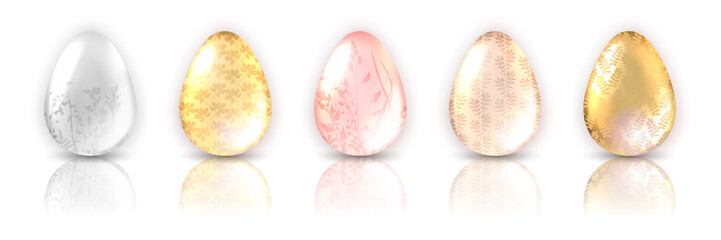 Colorful egg set with decoration of plant and reflection. Template for a card, banner, poster, invitation.