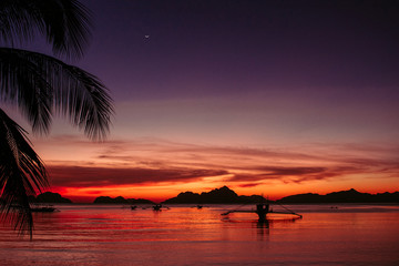 Fototapeta na wymiar Palm tree and boats silhouettes on bright sunset sky background. Scenic down on tropical beach with mountains. Philippines island. Colorful evening landscape in paradise. Summer travel concept.