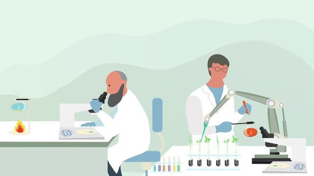 Microbiologist studying new virus and cultivating a petri dish whit inoculation loops, beside a microscope and tools of laboratory video. Animation of biomedical engineering. - stock footage