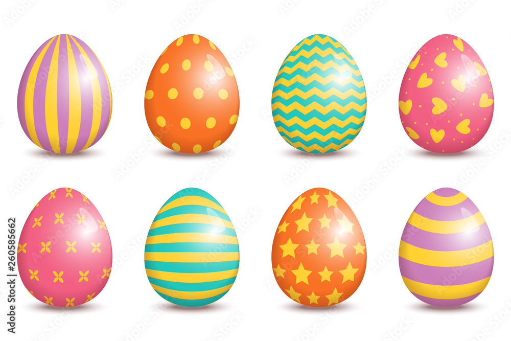 Wall mural set of realistic easter decorated eggs isolated on white background.