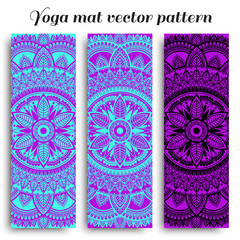 Set of yoga mats with ethnic designs. Turquoise, purple and black vector pattern with mandala.