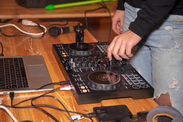 Man of the sound engineer has working on sound mixer for recording, broadcasting, music production