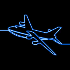 Fototapeta na wymiar Single one line passenger airplane neon concept