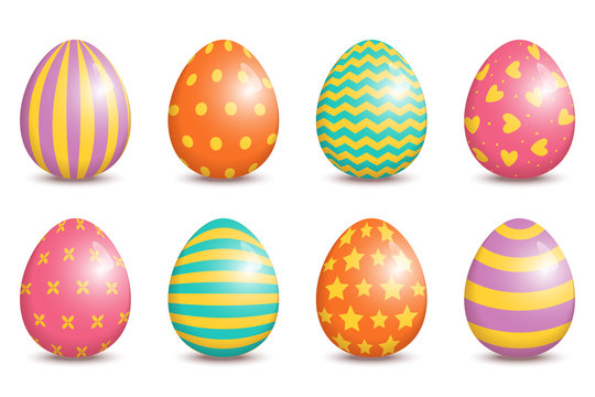 Set of realistic easter decorated eggs isolated on white background.
