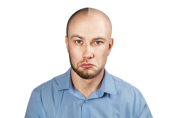 Portrait Man before and after hair loss, transplant on isolated white background. Split personality.